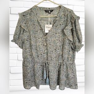 DAVI & DANI Sage Paisley Ruffle Sleeve Peplum Top NWT